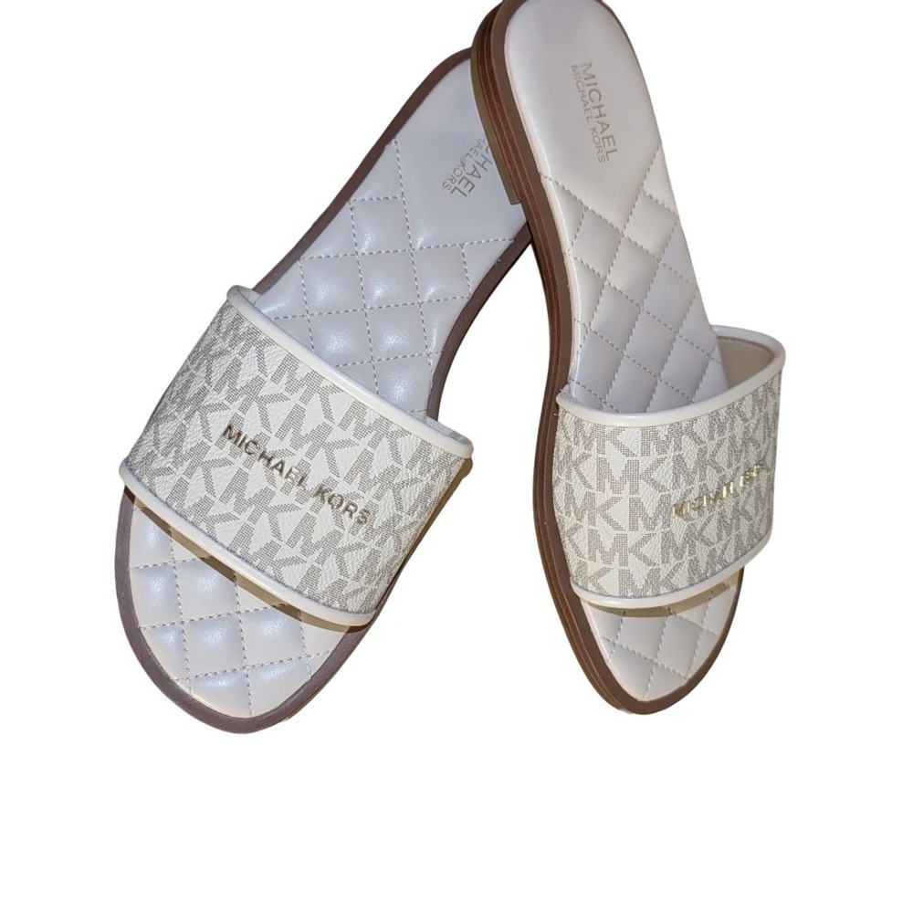 MICHAEL KORS Women's FELICIA FLAT SLIDES MK Signature Logo Print Vanilla 8.5 M - Picture 6 of 10